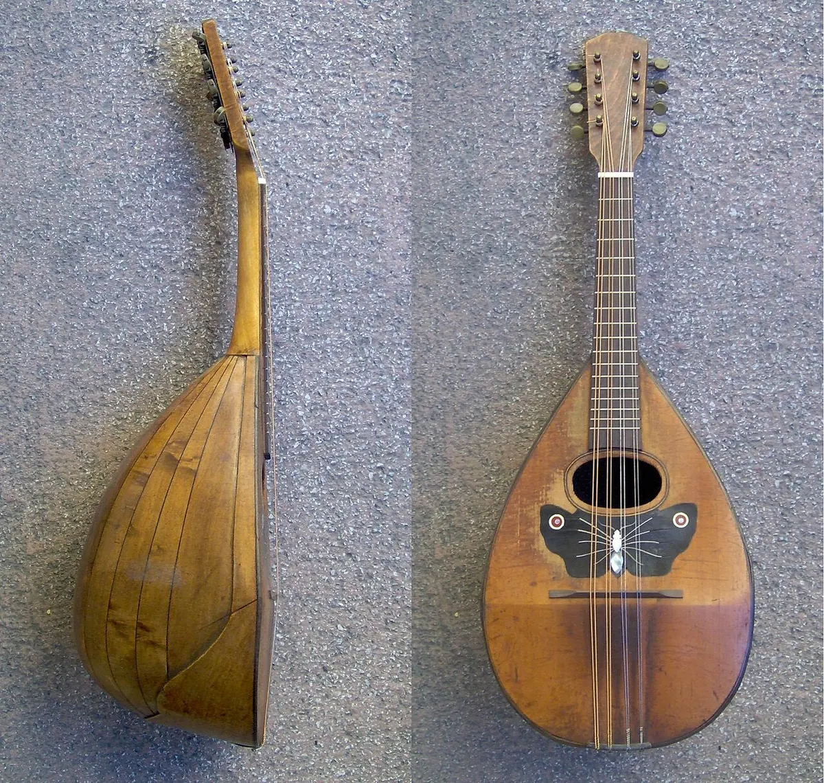 Two views of a round-backed Neapolitan-style mandolin, from the side and from the front